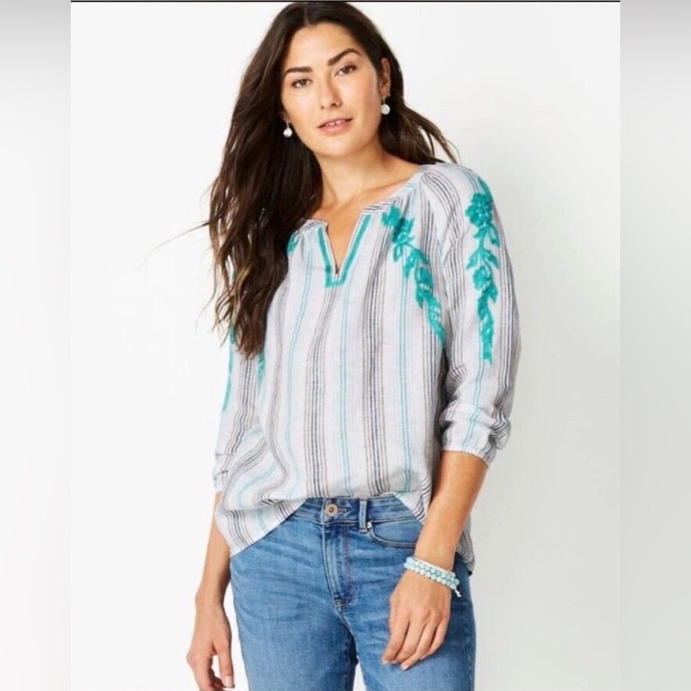 J. Jill Love Linen XL Teal Grey Blue White Striped Blouse Embroidery 3/4 Sleeves